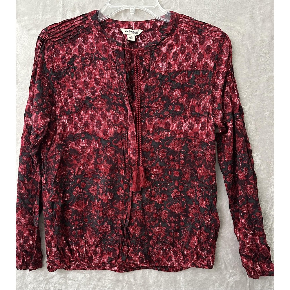 Lucky Brand Shirt Womens Small Red Black Boho Peasant Tassel Top Floral Rayon